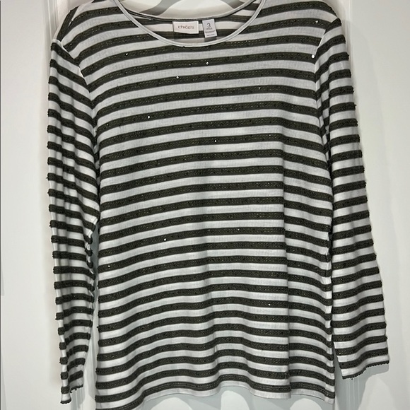 CHICOS OLIVE GREEN & WHITE STRIPED 3/4 SLEEVE TOP WITH BEADED DETAIL - Picture 1 of 4